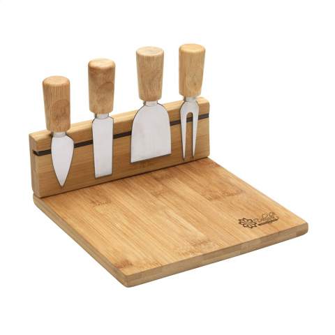 Bamboo cheese board with knife holder equipped with a magnetic strip. Incl. 3 cheese knives and 1 cheese stick. Each set in a box.