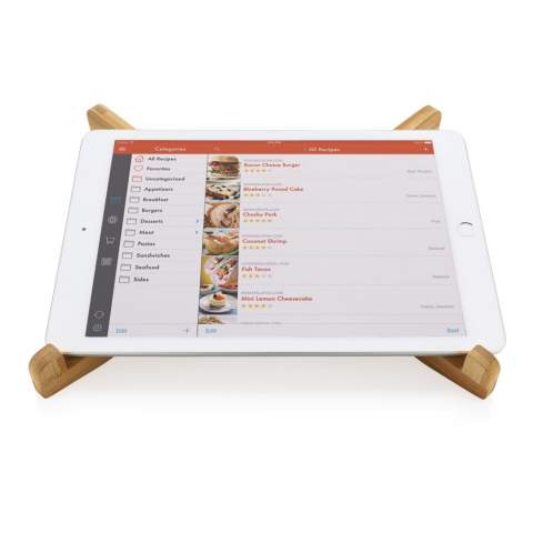 This portable laptop stand are an ideal accessory when working outside the office.  Work comfortably anywhere! By elevating the laptop, the air can circulate efficiently and ensure the screen is at a perfect eye level. Foldable and easy to take anywhere in the cotton pouch. Made with beautiful bamboo. The laptop stand is compatible with tablets and laptops up to 15.6 inch. It is not only suitable as laptop legs but also ideal as cookbook stand in the kitchen.