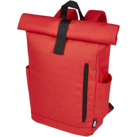 Praktische, stevige en waterafstotende rugzak met opgerolde bovenkant van GRS gerecycled polyester met een groot binnenvak met een 15,6" laptopvak, een voorvak met rits en 2 zijvakken. Gewatteerde achterkant, verstelbare en gewatteerde schouderbanden, draaglus en handige oprolbare sluiting met klittenband sluiting aan de bovenkant. De perfecte tas voor dagelijks gebruik, met een minimale ecologische voetafdruk.