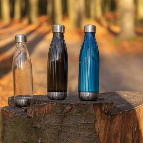 Erhöhen Sie Ihre tägliche Wasseraufnahme mit dieser auslaufsicheren Wasserflasche mit Stainless-Steel-Deckel und -Boden und transparentem Gehäuse. In einer Form, die in die meisten Getränkehalter passt. Inhalt: 500ml. BPA frei. Nur Handwäsche.