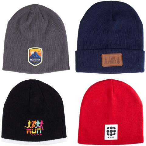 Beanies sample box with 3 beanies in different styles: 1 double layer with cuff, 1 double layer with trim, and 1 double layer 6 seam. 