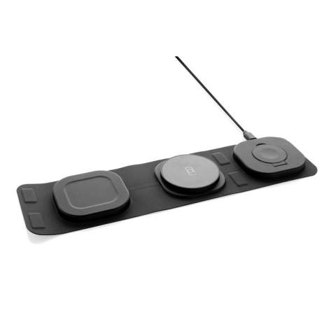Luxury and foldable 3-in-1 wireless charger made with RCS recycled ABS Total recycled content: 46% based on total item weight. RCS certification ensures a completely certified supply chain of the recycled materials. The wireless charger comes equipped with a magnetic 15W wireless charger and an additional 5W wireless charger suitable for earbuds cases or other small wireless chargeable devices and a 2.5W wireless charger for smartwatches ( Apple watches only). Including RCS certified 120 cm recycled TPE cable. Packed in FSC® mix kraft packaging. Item and accessories 100% PVC free. Input: 9V/3A for optimal use. Output: Phone: 9V/1.1A; 9V/1.67 A/(15W), Earbuds: 5V/1A (5W), Watch: 5V/0.5A.<br /><br />WirelessCharging: true<br />PVC free: true