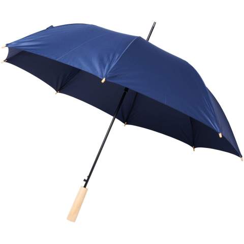 Automatische opvouwbare paraplu met een gerecyclede PET pongee polyester doek. Stevige metalen schacht en een hoogwaardig frame met glasvezel baleinen, die flexibiliteit bieden bij winderige omstandigheden. Samen met het houten handvat, de uiteinden en de gerecyclede PET pongee polyester doek is het een duurzamere keuze. Verkrijgbaar in een breed scala aan eigentijdse kleuren met een groot decoratieoppervlak op elk van de panelen.