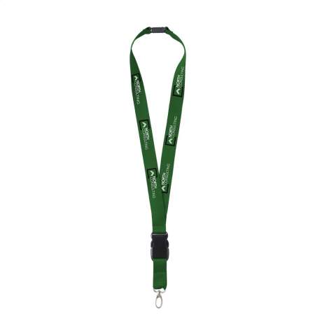 Lanyard van sterk geweven polyester met metalen karabijnhaak en veiligheidssluiting. Het onderste gedeelte is los te koppelen d.m.v. een kunststof kliksysteem.