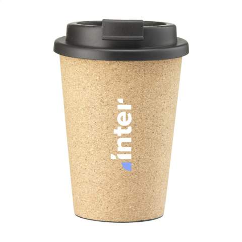 Reusable, double-walled coffee cup with screw and click opening. The inner wall is made from PP plastic. The outer wall is made from natural cork. Fits in the standard cupholders in cars, so handy for on the road. Reusable, BPA free and food Approved. Capacity 350 ml. Each item is supplied in an individual brown cardboard box.