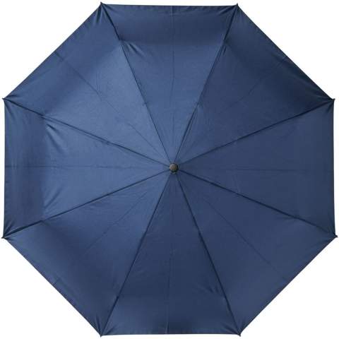 Automatische opvouwbare paraplu met een gerecyclede PET pongee polyester doek. Stevige metalen schacht en een hoogwaardig frame met glasvezel baleinen, die flexibiliteit bieden bij winderige omstandigheden. Samen met het houten handvat, de uiteinden en de gerecyclede PET pongee polyester doek is het een duurzamere keuze. Verkrijgbaar in een breed scala aan eigentijdse kleuren met een groot decoratieoppervlak op elk van de panelen.