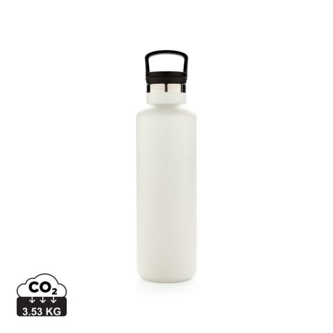 Bouteille isotherme 600ml à double paroi, extérieur en 201 et intérieur en 304, finition par poudrage électrostatique. Bouchon 2-en-1 avec filtre, idéal pour le thé ou infusions. Construite pour durer, cette bouteille s’utilise en toute saison. Garde le chaud jusqu’à 5h et le froid jusqu’à 15h. Existe en plusieurs coloris. La couleur blanc cassé est en PMS Cool Gray 1.<br /><br />HoursHot: 5<br />HoursCold: 15