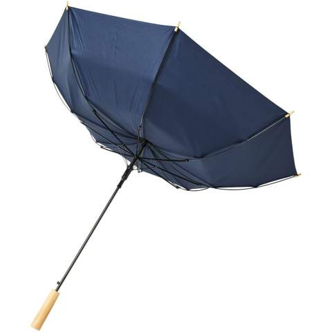 Automatische opvouwbare paraplu met een gerecyclede PET pongee polyester doek. Stevige metalen schacht en een hoogwaardig frame met glasvezel baleinen, die flexibiliteit bieden bij winderige omstandigheden. Samen met het houten handvat, de uiteinden en de gerecyclede PET pongee polyester doek is het een duurzamere keuze. Verkrijgbaar in een breed scala aan eigentijdse kleuren met een groot decoratieoppervlak op elk van de panelen.