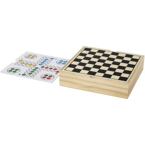 Coffret en bois contenant des jeux de backgammon, d'échecs, de dames, de domino, de ludo, de mikado et de cartes. Le dessus du couvercle est prévu pour le marquage, au dos pour les échecs / dames. Instructions incluses.