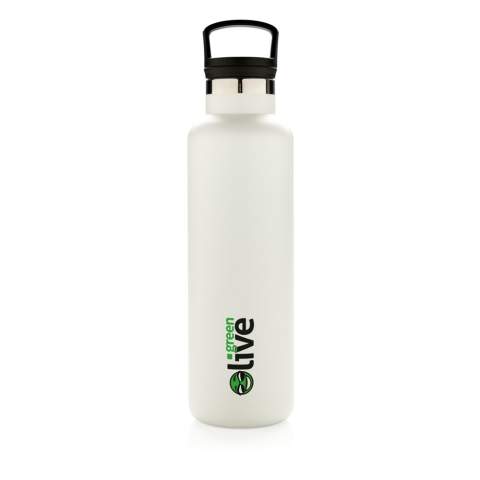 Bouteille isotherme 600ml à double paroi, extérieur en 201 et intérieur en 304, finition par poudrage électrostatique. Bouchon 2-en-1 avec filtre, idéal pour le thé ou infusions. Construite pour durer, cette bouteille s’utilise en toute saison. Garde le chaud jusqu’à 5h et le froid jusqu’à 15h. Existe en plusieurs coloris. La couleur blanc cassé est en PMS Cool Gray 1.<br /><br />HoursHot: 5<br />HoursCold: 15