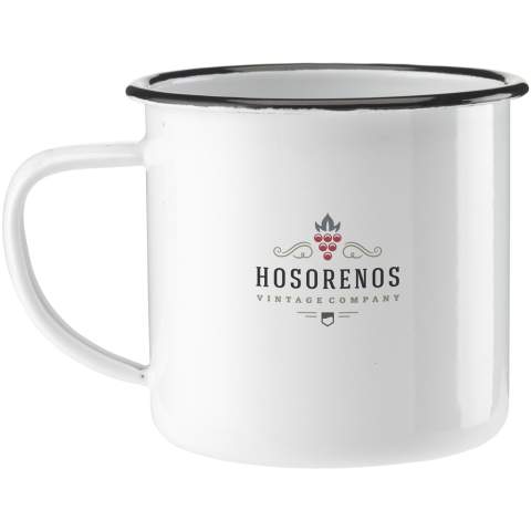 Emaillierte Tasse. Ein Design im beliebten Retro-Stil. Um die Retrooptik zu betonen, hat die Tasse Unvollkommenheiten. Fassungsvermögen 350 ml. Wird einzeln in einem Kraftkarton geliefert.