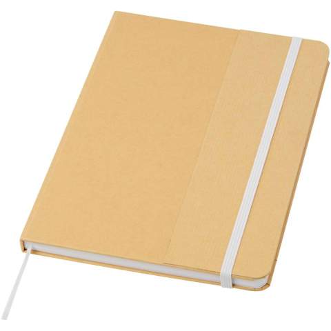 Carnet A5 à couverture rigide en carton recyclé avec 80 feuilles lignées en papier 70 g/m². Le carnet est doté d'une fermeture élastique, d'un ruban et de coins arrondis. 