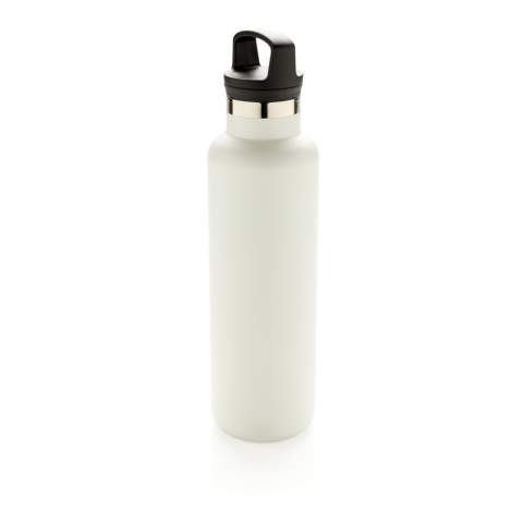 Bouteille isotherme 600ml à double paroi, extérieur en 201 et intérieur en 304, finition par poudrage électrostatique. Bouchon 2-en-1 avec filtre, idéal pour le thé ou infusions. Construite pour durer, cette bouteille s’utilise en toute saison. Garde le chaud jusqu’à 5h et le froid jusqu’à 15h. Existe en plusieurs coloris. La couleur blanc cassé est en PMS Cool Gray 1.<br /><br />HoursHot: 5<br />HoursCold: 15
