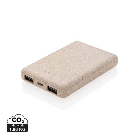 Ultra-compact 5.000 mAh powerbank made out of a natural wheat fibre (35%) mixed with ABS that fits into your pocket so perfectly that you can take it anywhere you go. When fully charged it will provide you with enough energy to re-charge your mobile phone up to three times. The powerbank contains a long lasting grade A 5.000 mAh high-density lithium polymer battery. With dual USB port. The power indicators will indicate the remaining energy level so you always know when to re-charge. Input 5V/2A. Output USB 1: 5V/2A Output USB 2: 5V/1A<br /><br />PowerbankCapacity: 5000