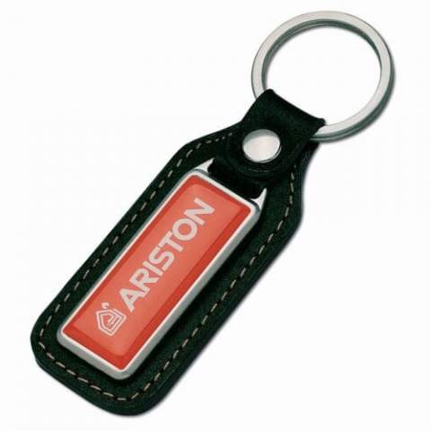 A metal rectangular keyring made from real leather with a single sided doming.
