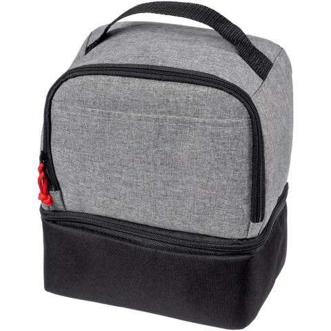 Dual cooler bag with 2 separate zippered compartments, a convenient carry handle and a contrasting zipper puller.