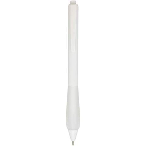 Recycled plastic ballpoint pen with a rubberized barrel, and grip made of TPR. Ink colour: Blue. Writing length: 1000 metres. Nib size: 1.0 mm.