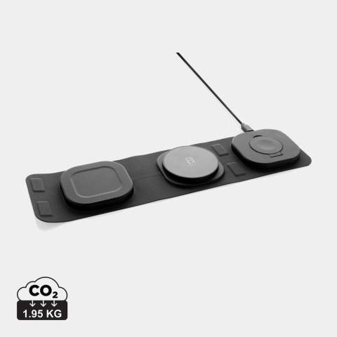 Luxury and foldable 3-in-1 wireless charger made with RCS recycled ABS Total recycled content: 46% based on total item weight. RCS certification ensures a completely certified supply chain of the recycled materials. The wireless charger comes equipped with a magnetic 15W wireless charger and an additional 5W wireless charger suitable for earbuds cases or other small wireless chargeable devices and a 2.5W wireless charger for smartwatches ( Apple watches only). Including RCS certified 120 cm recycled TPE cable. Packed in FSC® mix kraft packaging. Item and accessories 100% PVC free. Input: 9V/3A for optimal use. Output: Phone: 9V/1.1A; 9V/1.67 A/(15W), Earbuds: 5V/1A (5W), Watch: 5V/0.5A.<br /><br />WirelessCharging: true<br />PVC free: true