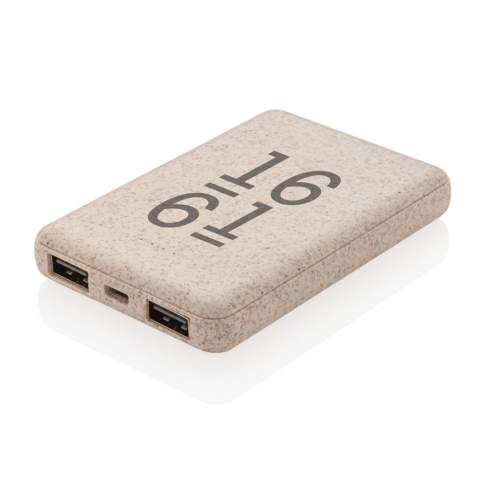 Ultra-compact 5.000 mAh powerbank made out of a natural wheat fibre (35%) mixed with ABS that fits into your pocket so perfectly that you can take it anywhere you go. When fully charged it will provide you with enough energy to re-charge your mobile phone up to three times. The powerbank contains a long lasting grade A 5.000 mAh high-density lithium polymer battery. With dual USB port. The power indicators will indicate the remaining energy level so you always know when to re-charge. Input 5V/2A. Output USB 1: 5V/2A Output USB 2: 5V/1A<br /><br />PowerbankCapacity: 5000