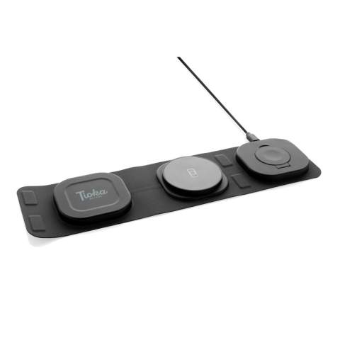Luxury and foldable 3-in-1 wireless charger made with RCS recycled ABS Total recycled content: 46% based on total item weight. RCS certification ensures a completely certified supply chain of the recycled materials. The wireless charger comes equipped with a magnetic 15W wireless charger and an additional 5W wireless charger suitable for earbuds cases or other small wireless chargeable devices and a 2.5W wireless charger for smartwatches ( Apple watches only). Including RCS certified 120 cm recycled TPE cable. Packed in FSC® mix kraft packaging. Item and accessories 100% PVC free. Input: 9V/3A for optimal use. Output: Phone: 9V/1.1A; 9V/1.67 A/(15W), Earbuds: 5V/1A (5W), Watch: 5V/0.5A.<br /><br />WirelessCharging: true<br />PVC free: true