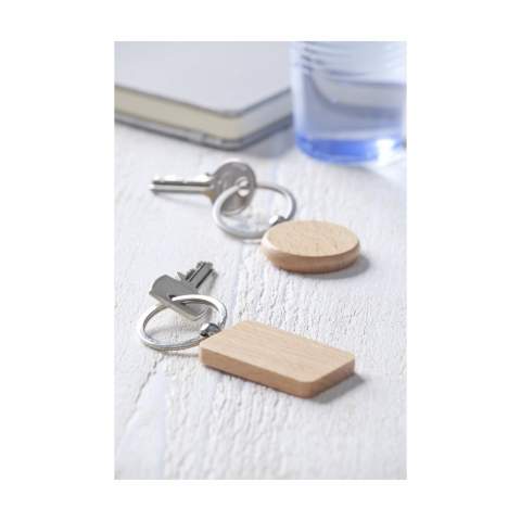 Rectangular, solid beech wooden keychain with sturdy keyring. Each item is supplied in an individual brown cardboard envelope.