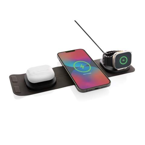 Luxury and foldable 3-in-1 wireless charger made with RCS recycled ABS Total recycled content: 46% based on total item weight. RCS certification ensures a completely certified supply chain of the recycled materials. The wireless charger comes equipped with a magnetic 15W wireless charger and an additional 5W wireless charger suitable for earbuds cases or other small wireless chargeable devices and a 2.5W wireless charger for smartwatches ( Apple watches only). Including RCS certified 120 cm recycled TPE cable. Packed in FSC® mix kraft packaging. Item and accessories 100% PVC free. Input: 9V/3A for optimal use. Output: Phone: 9V/1.1A; 9V/1.67 A/(15W), Earbuds: 5V/1A (5W), Watch: 5V/0.5A.<br /><br />WirelessCharging: true<br />PVC free: true