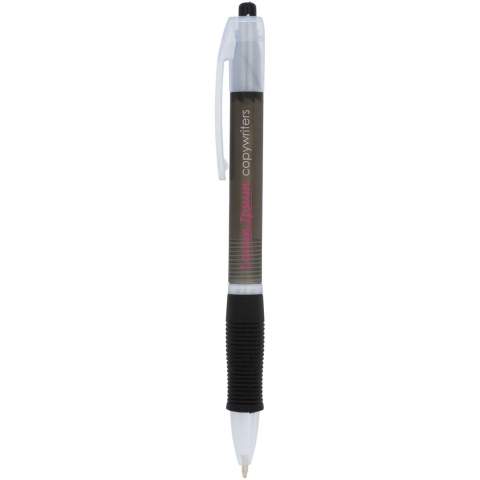 Colourful click action ballpoint pen with transparent barrel and matching colour rubberized grip.
