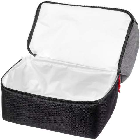 Dual cooler bag with 2 separate zippered compartments, a convenient carry handle and a contrasting zipper puller.