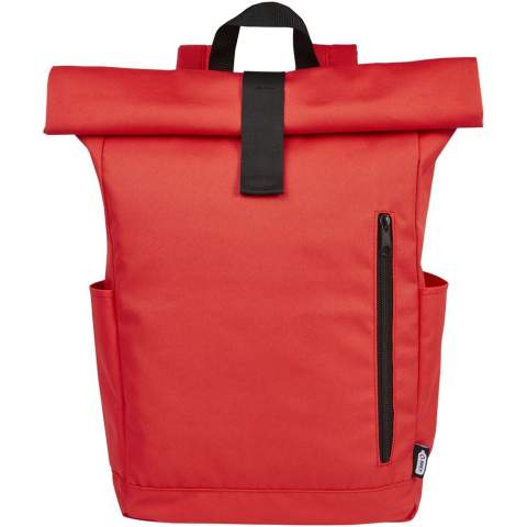 Praktische, stevige en waterafstotende rugzak met opgerolde bovenkant van GRS gerecycled polyester met een groot binnenvak met een 15,6" laptopvak, een voorvak met rits en 2 zijvakken. Gewatteerde achterkant, verstelbare en gewatteerde schouderbanden, draaglus en handige oprolbare sluiting met klittenband sluiting aan de bovenkant. De perfecte tas voor dagelijks gebruik, met een minimale ecologische voetafdruk.