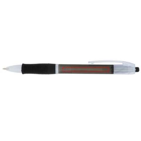 Farbiger Kugelschreiber mit Klickmechanismus mit transparentem Schaft und gummiertem Griff in passender Farbe.