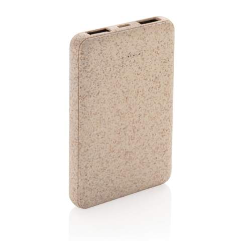 Ultra-compact 5.000 mAh powerbank made out of a natural wheat fibre (35%) mixed with ABS that fits into your pocket so perfectly that you can take it anywhere you go. When fully charged it will provide you with enough energy to re-charge your mobile phone up to three times. The powerbank contains a long lasting grade A 5.000 mAh high-density lithium polymer battery. With dual USB port. The power indicators will indicate the remaining energy level so you always know when to re-charge. Input 5V/2A. Output USB 1: 5V/2A Output USB 2: 5V/1A<br /><br />PowerbankCapacity: 5000