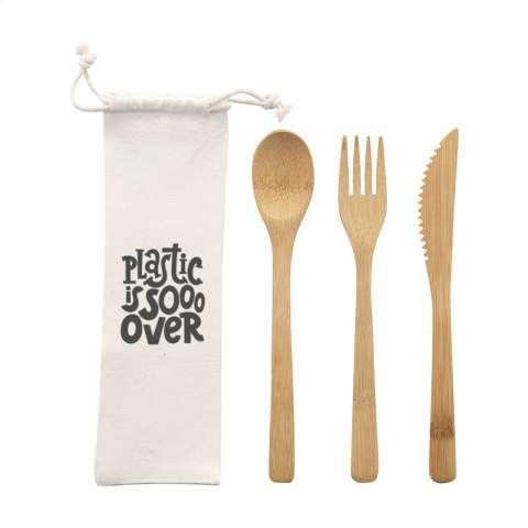 Eco-friendly cutlery set made from natural bamboo. This set consists of a spoon, fork and serrated knife. Each set is supplied in an individual canvas pouch.