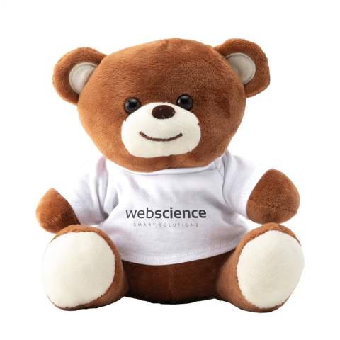 Dunkelbrauner, superweicher Kuschelbär mit Glasaugen, harter Nase und weißem T-Shirt. Ohne Druck werden Bären und T-Shirts lose geliefert.