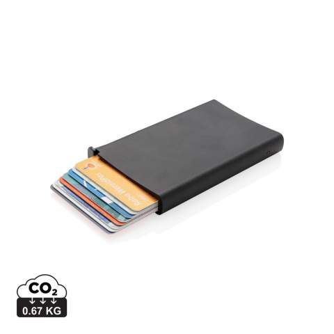 This solid aluminium cardholder is the ideal way to carry and protect your personal cards: credit cards, driver's license, debit cards and other cards. Fits up to 6 embossed cards or 10 cards. The easy side slider will push the cards up gradually.