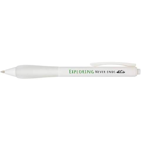 Recycled plastic ballpoint pen with a rubberized barrel, and grip made of TPR. Ink colour: Blue. Writing length: 1000 metres. Nib size: 1.0 mm.