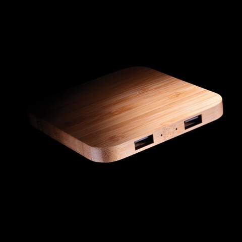 Fast 10W wireless charger with FSC® 100% bamboo exterior. Including two USB ports at the front.  Wireless charging compatible with Android latest generations, iPhone 8 and up. Item and accessories PVC free. Including 150 cm type C charging cable made from RCS certified recycled TPE. Packed in FSC® mix kraft box. Type-C in; Input 5V/2A; 9V/2A; Wireless output 5V/1A;9V/1.1A (10W) USB A output: DC5V/2A<br /><br />WirelessCharging: true<br />PVC free: true