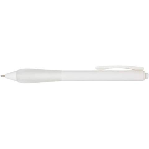 Recycled plastic ballpoint pen with a rubberized barrel, and grip made of TPR. Ink colour: Blue. Writing length: 1000 metres. Nib size: 1.0 mm.