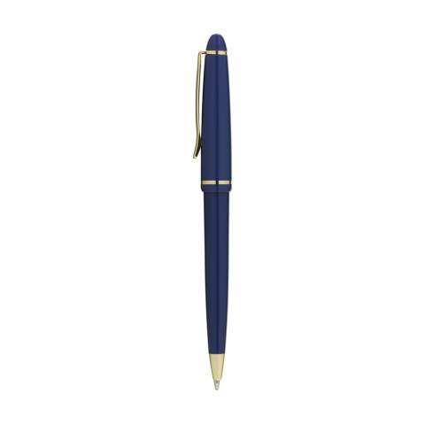 Blue ink ballpoint pen with polished barrel, gilded, ornate clip and point and twist-action tip.