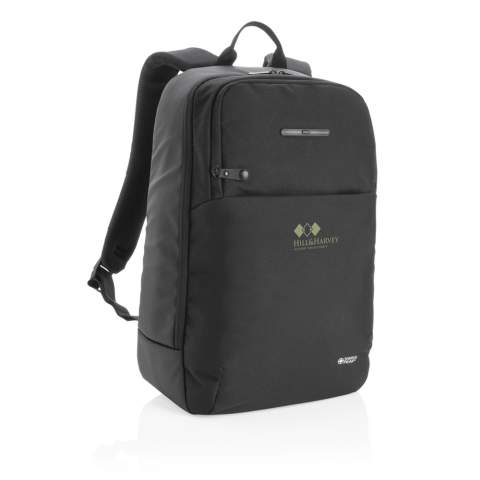 This unique Swiss Peak laptop backpack with UV-C sterilising pocket features a minimalistic design and has an integrated UV-C sterilising external front pocket, killing up to 99,9% of the bacteria on items placed inside the pouch. Perfect for sanitising your keys and phone for example while on the go in 3 minutes. The three UV-C LED lights inside are non-toxic and mercury free. The design will also ensure that the UV-C LED light will switch off automatically when the sterilising pocket is opened via the zipper  so the user will not be exposed to the UV-C light. The backpack has a laptop compartment in the main pocket which fits a 15.6 inch laptop, 2 open pockets and 2 pen loops. Mesh padded back and straps for comfort. Including a micro USB cable which you can use to connect your powerbank with to charge the UV-C pouch. Exterior 600D and 900D PU coated polyester. Interiour 210D polyester. Compliant with EN62471. PVC free.<br /><br />FitsLaptopTabletSizeInches: 15.6