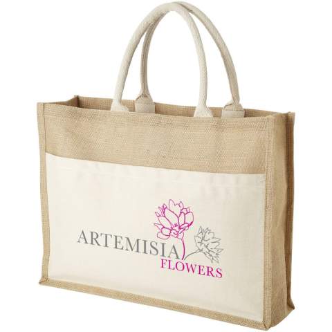 Deze draagtas is gemaakt van een combinatie van hoogwaardig katoen en jute, waardoor hij zeer duurzaam is. Het grote hoofdvak van 18 liter is perfect voor het meenemen van alle dagelijkse benodigdheden, van een laptop en boeken tot gymkleding en een waterfles. Het gemakkelijk toegankelijke voorvak is ideaal om kleinere spullen in op te bergen. Met een kwaliteit van 320 g/m² is deze tote een superstevige en duurzame tas om alle spullen in het hoofdvak in mee te nemen. Gemaakt in India en OEKO-Tex gecertificeerd. Geschikt tot 10 kg gewicht.