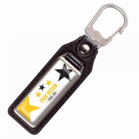 A metal, rectangular keyring with a single sided doming on leather tag.