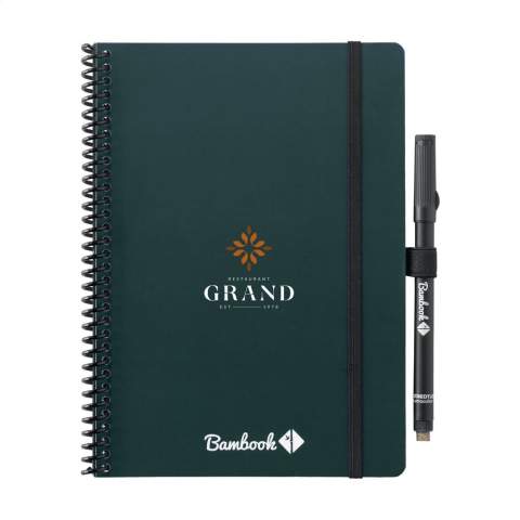 Bambook Classic Original erasable notebook in A5 format. With sturdy bendable cover made from FSC-certified cardboard printed with a subtle bamboo pattern and 20 sheets/40 pages of erasable, dot grid paper. Write with the special marker on the whiteboard pages, scan your notes with the Bambook app and wipe your pages clean for reuse with a damp cloth. With wire-o binding and pen loop. Includes pen with eraser. The notebook is handmade. Made in Holland.
