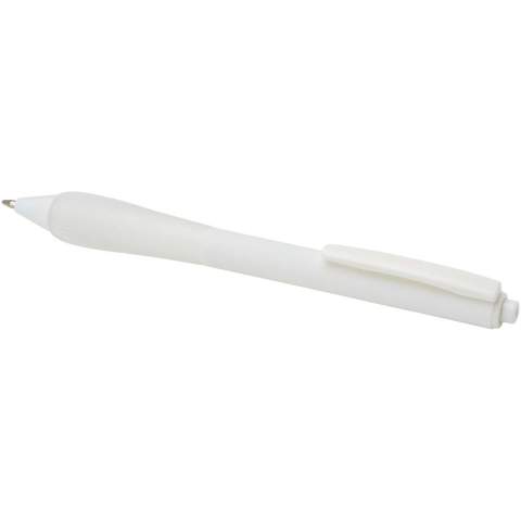 Recycled plastic ballpoint pen with a rubberized barrel, and grip made of TPR. Ink colour: Blue. Writing length: 1000 metres. Nib size: 1.0 mm.