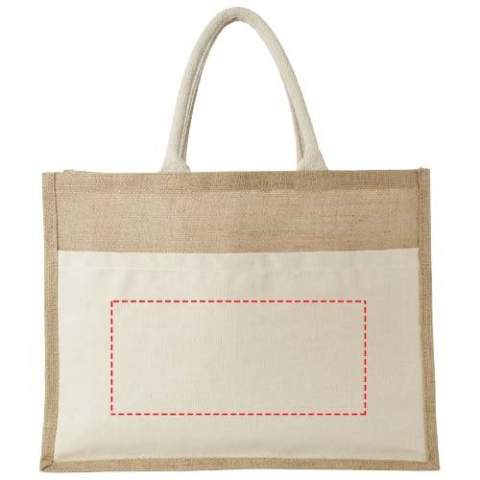 Deze draagtas is gemaakt van een combinatie van hoogwaardig katoen en jute, waardoor hij zeer duurzaam is. Het grote hoofdvak van 18 liter is perfect voor het meenemen van alle dagelijkse benodigdheden, van een laptop en boeken tot gymkleding en een waterfles. Het gemakkelijk toegankelijke voorvak is ideaal om kleinere spullen in op te bergen. Met een kwaliteit van 320 g/m² is deze tote een superstevige en duurzame tas om alle spullen in het hoofdvak in mee te nemen. Gemaakt in India en OEKO-Tex gecertificeerd. Geschikt tot 10 kg gewicht.