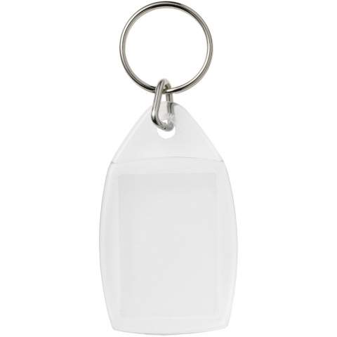 Porte-clés transparent P5 avec anneau fendu en métal. Dimensions de l’insert pour impression : 3,5 cm x 2,4 cm.