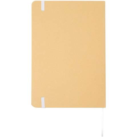 Carnet A5 à couverture rigide en carton recyclé avec 80 feuilles lignées en papier 70 g/m². Le carnet est doté d'une fermeture élastique, d'un ruban et de coins arrondis. 