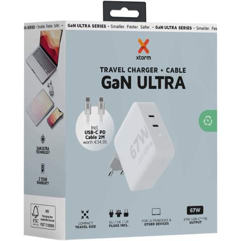 De 67 W GaN Ultra reislader is compacter en krachtiger dan ooit tevoren. Met zijn compacte ontwerp en dubbele poortfunctionaliteit is deze reisoplader perfect voor onderweg, op kantoor of thuis. Met de meegeleverde AC-stekkeropties voor de EU, het VK en de VS en de 100 W USB-C PD-kabel (2 meter) heb je alles wat je nodig hebt om je apparaten over de hele wereld op te laden!