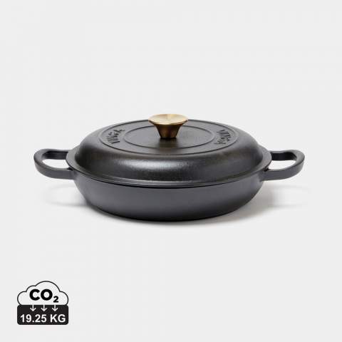 A versatile cast iron sauté pan suitable for a range of culinary applications. From frying to small casseroles or sauce dishes, this pan is also an excellent baking dish. With exceptional heat capacity, the pot boasts a thick base that minimises the risk of burning. The lid features small spikes that allow for gentle and even distribution of water vapour from condensation over the contents, making it a self-basting feature. The interior of the pan is coated with black enamel, featuring larger pores and a slightly rougher surface that over time fills with oil to create a non-stick patina akin to raw cast iron. This sauté pan is compatible with all types of hobs, including induction hobs.