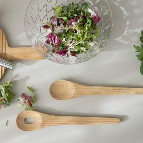 These bamboo salad servers are designed by Anton Björsing. They are 32 cm long, so they work well with all sizes of salad bowls and serving dishes. Bamboo has good antibacterial properties.