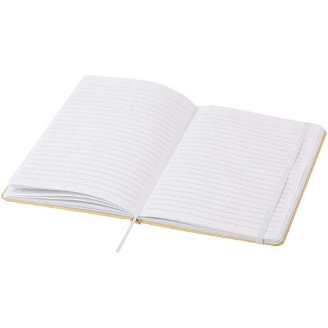 Carnet A5 à couverture rigide en carton recyclé avec 80 feuilles lignées en papier 70 g/m². Le carnet est doté d'une fermeture élastique, d'un ruban et de coins arrondis. 